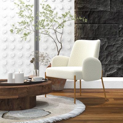 ALEX-Fauteuil en tissu bouclé Ecru et métal décor bois