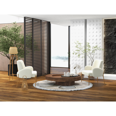 ALEX-Fauteuil en tissu bouclé Ecru et métal décor bois