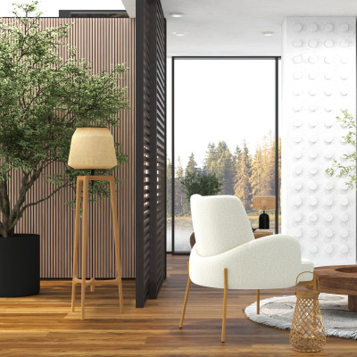 ALEX-Fauteuil en tissu bouclé Ecru et métal décor bois