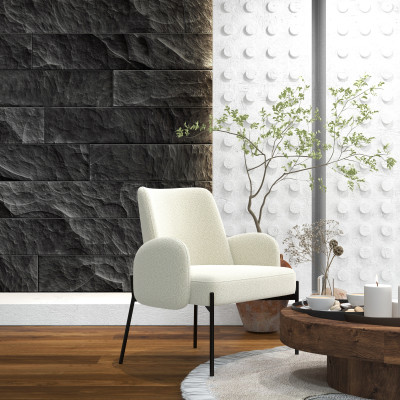 ALEX-Fauteuil en tissu bouclé Ecru métal noir