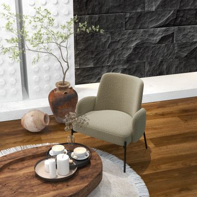 ALEX-Fauteuil en tissu bouclé Mastic et métal noir