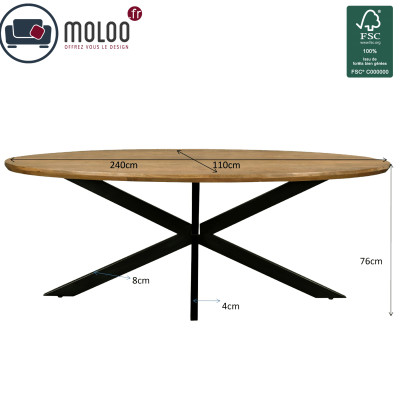 MACY-Table à manger ovale 8/10 personnes L.240 cm, Manguier et métal