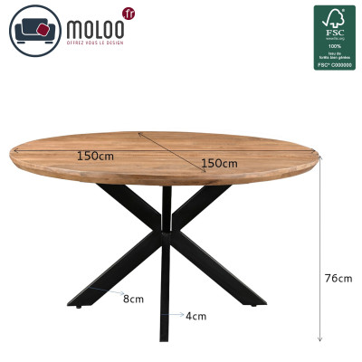 MACY-Table à manger Ronde 6  personnes, D.150 cm, Manguier et métal