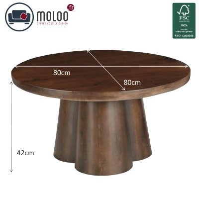 FIGARI-Table basse ronde D.80 cm en Manguier massif teinté noyer