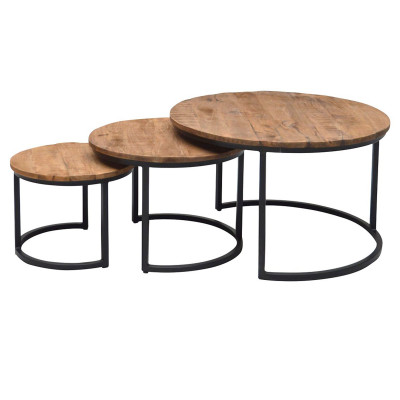 SALOME-Set de 3 Tables basses rondes gigognes, Manguier et métal noir