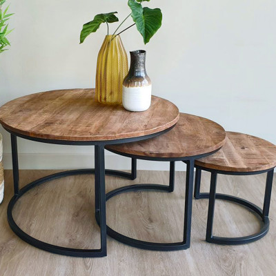 SALOME-Set de 3 Tables basses rondes gigognes, Manguier et métal noir