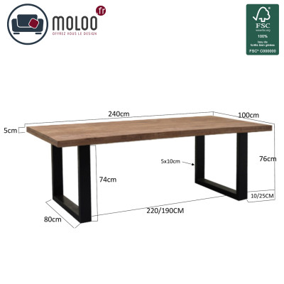 MANAUS-Table à manger 10/12 personnes L240, Manguier massif et Archi