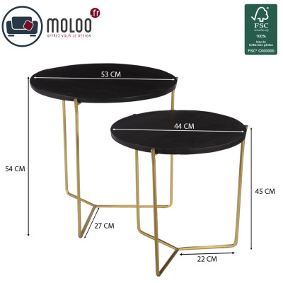 JULIA-Set de 2 Tables basses rondes gigognes, manguier noir et laiton