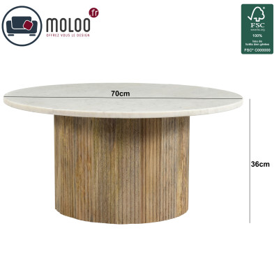 MARBELLA,Table basse ronde D.70 cm en Marbre blanc et manguier massif