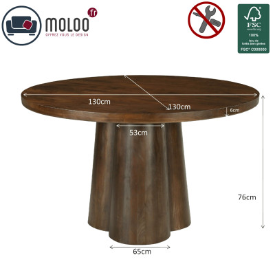 FIGARI-Table à manger Ronde 4 personnes D.130 Manguier teinté noyer