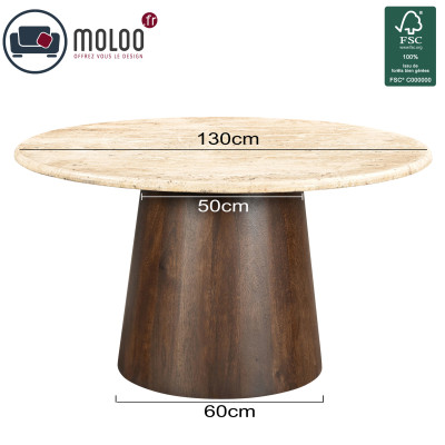 STONE-Table à manger Ronde 4 p D.130, Travertin, Manguier teinté noyer