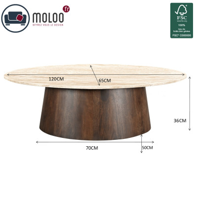 STONE-Table basse ovale 120 x 65 cm,Travertin et Manguier teinté noyer