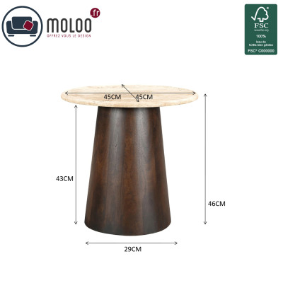 STONE-Table basse ronde D.45 cm enTravertin et Manguier teinté noyer