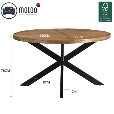 BARI-Table à manger Ronde 4 personnes L130 cm Manguier et métal noir