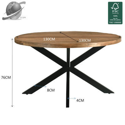 BARI-Table à manger Ronde 4 personnes L130 cm Manguier et métal noir