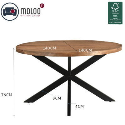 BARI-Table à manger Ronde 4 personnes L140 cm Manguier et métal noir