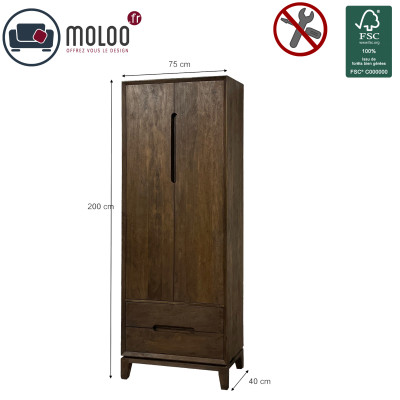 CORTE-High Sideboard 1 Tür, 2 Schubladen aus braun gebürstetem Massivholz