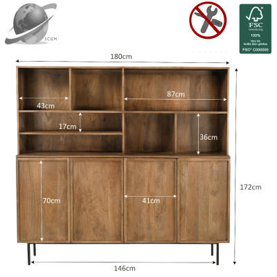 VALLAURIS-Buffet haut 4 portes 180 cm en Bois massif