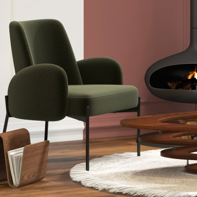 ALEX-Fauteuil en tissu bouclé Vert Army et métal noir