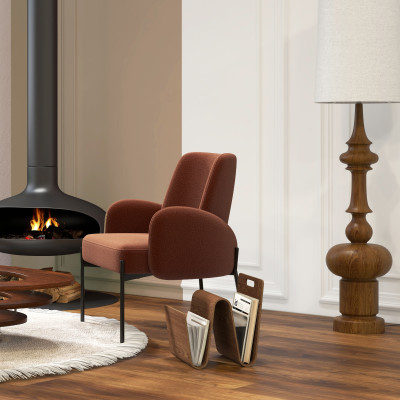 ALEX-Fauteuil en tissu bouclé Terracota et métal noir