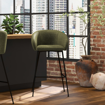 CHLOE-Fauteuil de bar en tissu Luxury Kaki et métal noir (x2)