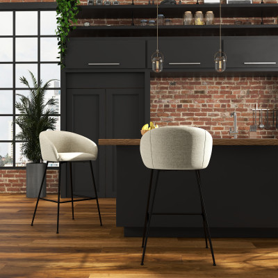 CHLOE-Silla de bar de tela beige y metal negro (x2)