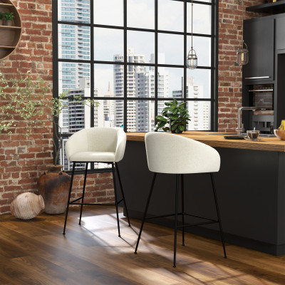 CHLOE-Fauteuil de bar en tissu Luxury Ecru et métal noir (x2)