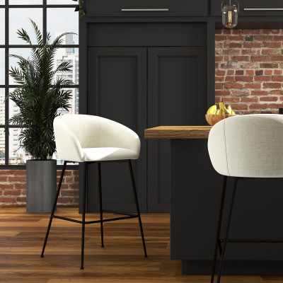 CHLOE-Fauteuil de bar en tissu Luxury Ecru et métal noir (x2)