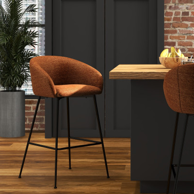 CHLOE-Sedia da bar in tessuto terracotta e metallo nero (x2)