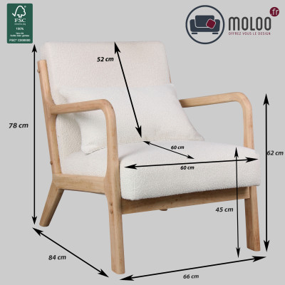 ZACK-Fauteuil en tissu Curly Ecru et bois naturel