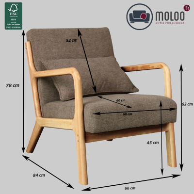 ZACK-Sillón de tela marrón y madera natural