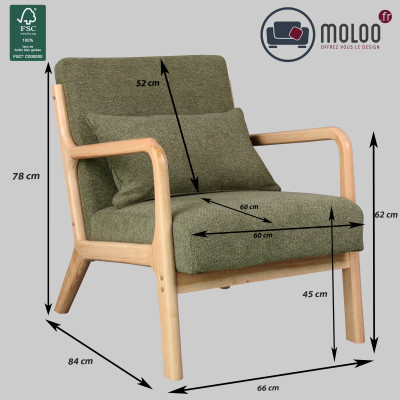 ZACK-Sillón de tela verde y madera natural