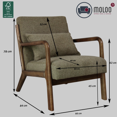 ZACK-Fauteuil en tisssu SoftCellar Sauge et bois teinté noyer