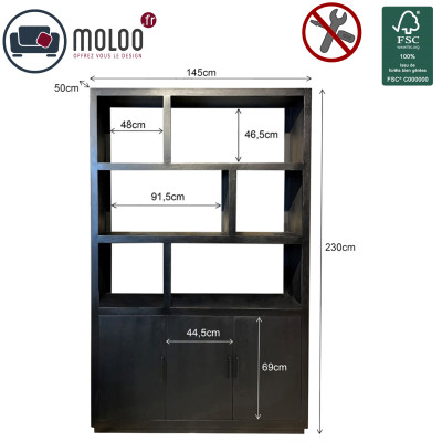 ANDUZ-Bibliothèque 2 portes L120cm, bois de Manguier massif noir