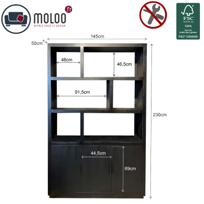 ANDUZ-Bibliothèque 3 portes L145cm en bois de Manguier massif noir