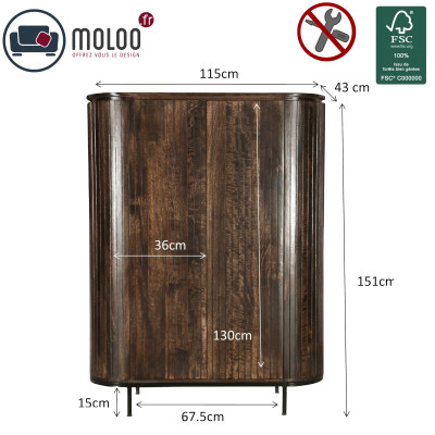 MENTON-Buffet Haut 2 portes en bois de Manguier massif Noyer