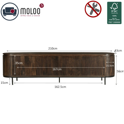 MENTON-Meuble TV 4 portes L210 en bois de Manguier massif Noyer