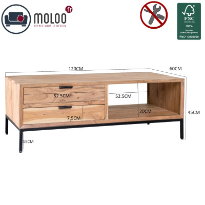 URBAN-Table basse 2 tiroirs 120x60 en bois d'Acacia massif et métal