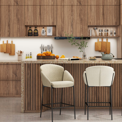 CANDICE-Silla de bar de tela beige y metal negro (x2)