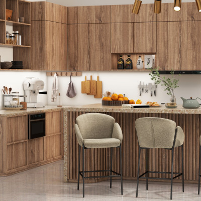 CANDICE-2er Set Barsessel aus luxuriösem Stoff in Taupe und schwarzem Metall