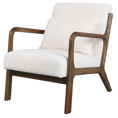 ZACK-Fauteuil en tissu Curly Ecru et bois teinté noyer