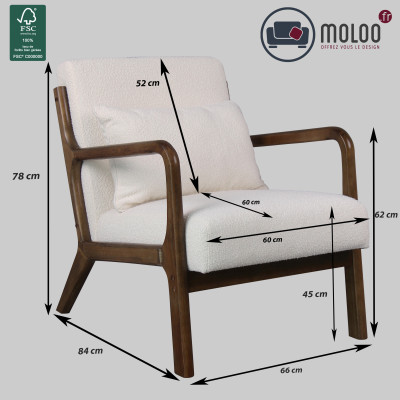 ZACK-Fauteuil en tissu Curly Ecru et bois teinté noyer