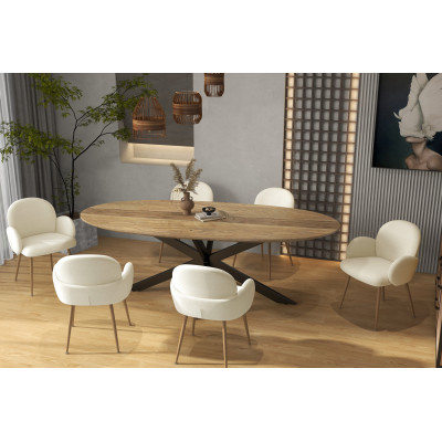 ALICE-2er Set Stuhl aus Ecru-Schlingenstoff und Metall mit Holzdekor