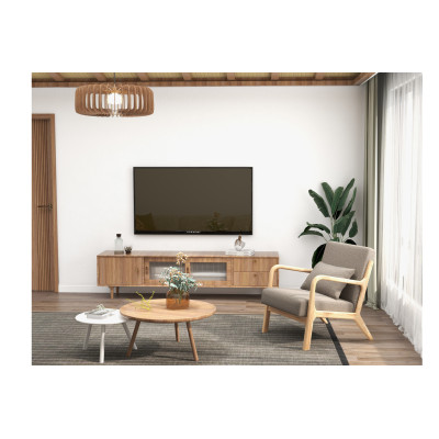 ZACK-Poltrona in tessuto marrone e legno naturale