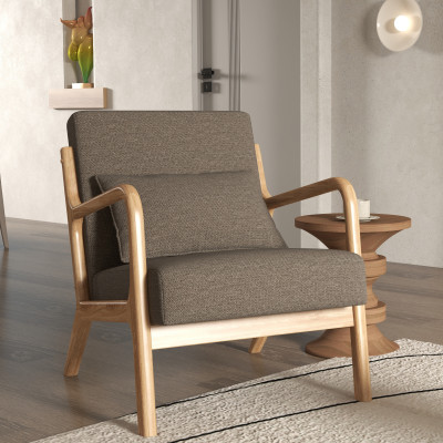 ZACK-Poltrona in tessuto marrone e legno naturale