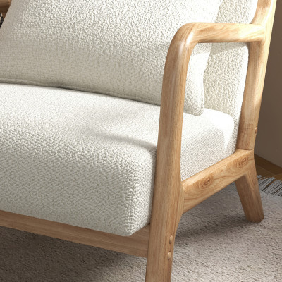 ZACK-Fauteuil en tissu Curly Ecru et bois naturel