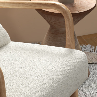 ZACK-Fauteuil en tissu Curly Ecru et bois naturel