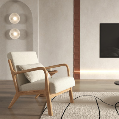 ZACK-Sillón en tejido Curly Ecru y madera natural