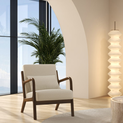 ZACK-Fauteuil en tissu Curly Ecru et bois teinté noyer