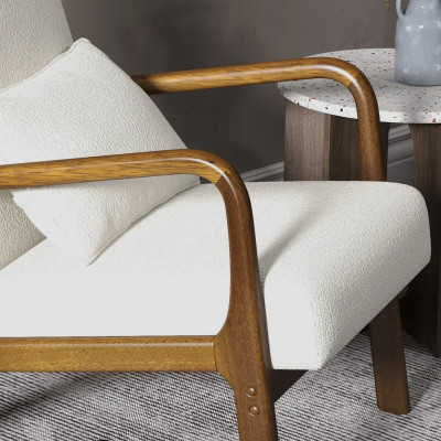 ZACK-Fauteuil en tissu Curly Ecru et bois teinté noyer